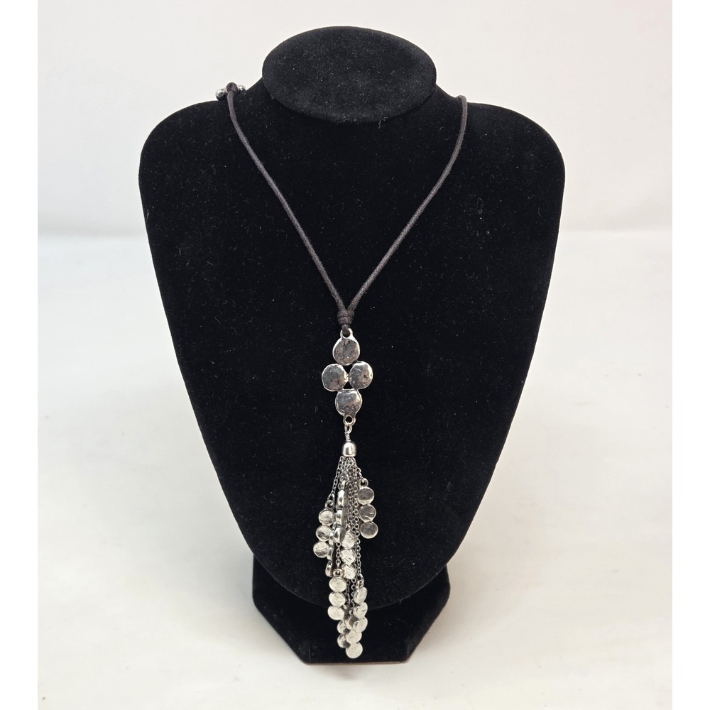 Boho Silver Tone Hammered Disc Cluster Tassel Necklace Adjustable Cord Layered